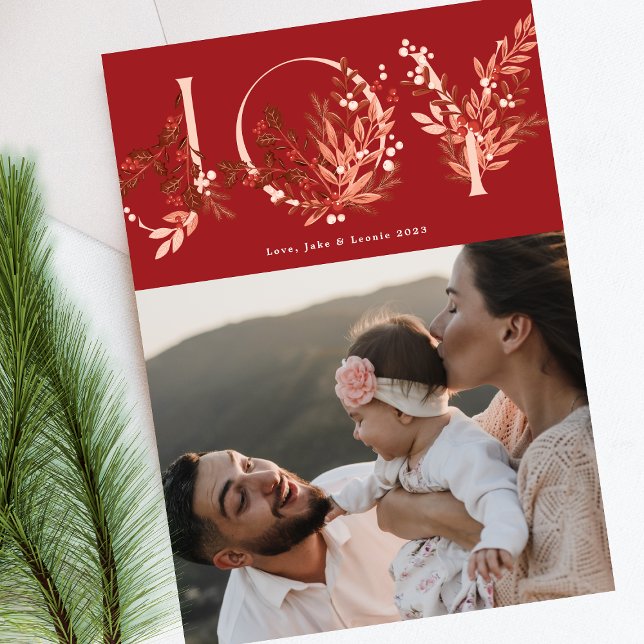 Festive Leafy Floral Christmas Traditional Red JOY Holiday Card (Creator Uploaded)
