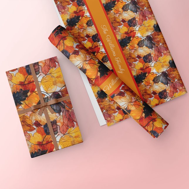 Festive Leaves Faux Imprint  Effect Custom Name Wrapping Paper Sheet (Creator Uploaded)