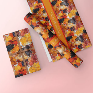 Festive Leaves Faux Imprint Effect Custom Name Wrapping Paper Sheet