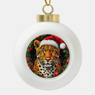 Festive Leopard Wearing Santa Hat Ceramic Ball Christmas Ornament