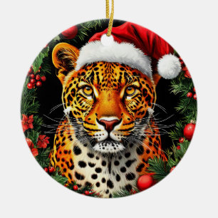 Festive Leopard Wearing Santa Hat Ceramic Tree Decoration