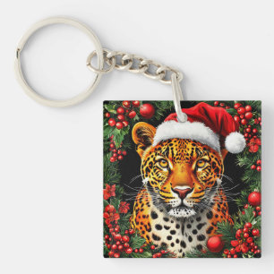 Festive Leopard Wearing Santa Hat Key Ring