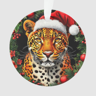 Festive Leopard Wearing Santa Hat Ornament