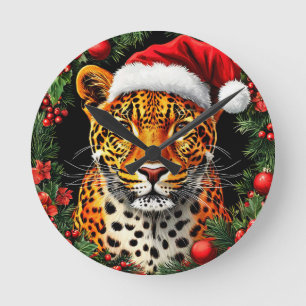 Festive Leopard Wearing Santa Hat Round Clock