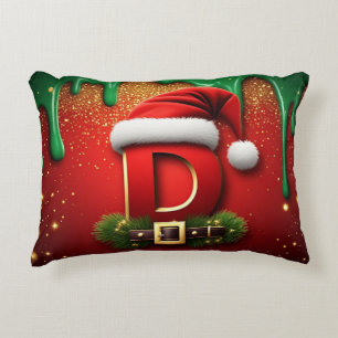 Festive Letter D With Red Hat Belt And Pine Branch Decorative Cushion