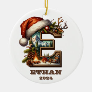 Festive Letter E Winter Scene with Santa Hat Ceramic Tree Decoration