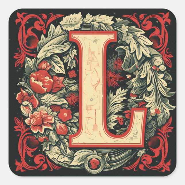 Festive Letter L: Christmas Red and Green Square Sticker (Front)