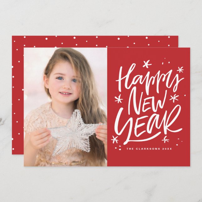 Festive Lettering Red Happy New Year Photo Holiday Card (Front/Back)