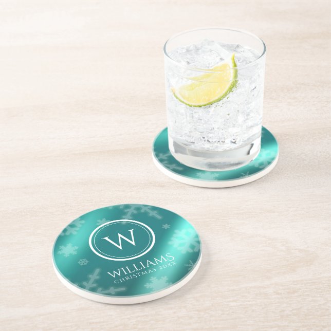 Festive Light Blue Foil Snowflakes Monogram Name Coaster (Side)