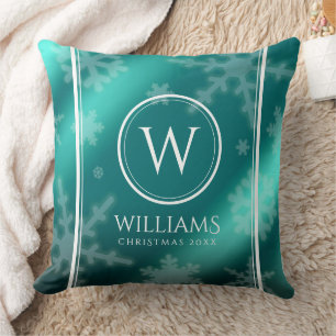Festive Light Blue Foil Snowflakes Monogram Name Cushion
