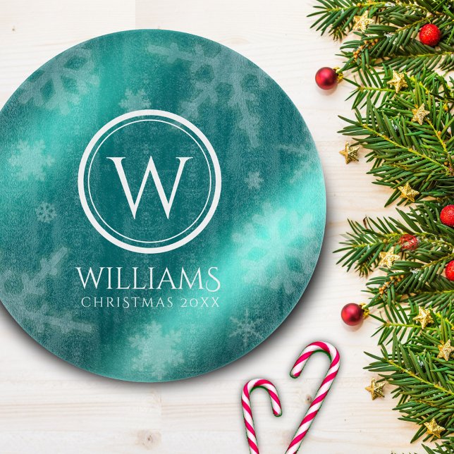 Festive Light Blue Foil Snowflakes Monogram Name Cutting Board (Creator Uploaded)