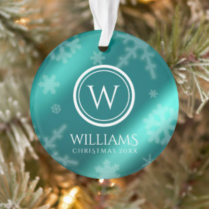 Festive Light Blue Foil Snowflakes Monogram Name Ornament
