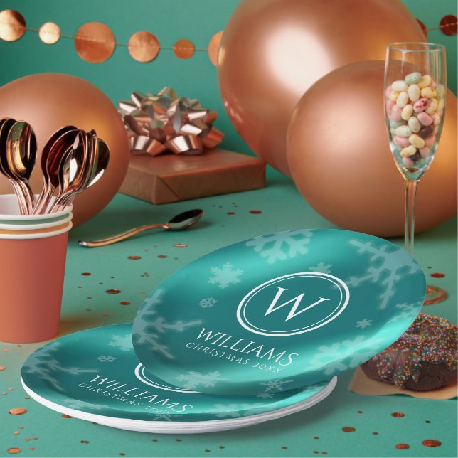 Festive Light Blue Foil Snowflakes Monogram Name Paper Plate (Multi)