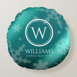 Festive Light Blue Foil Snowflakes Monogram Name Round Cushion