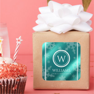 Festive Light Blue Foil Snowflakes Monogram Name Square Sticker