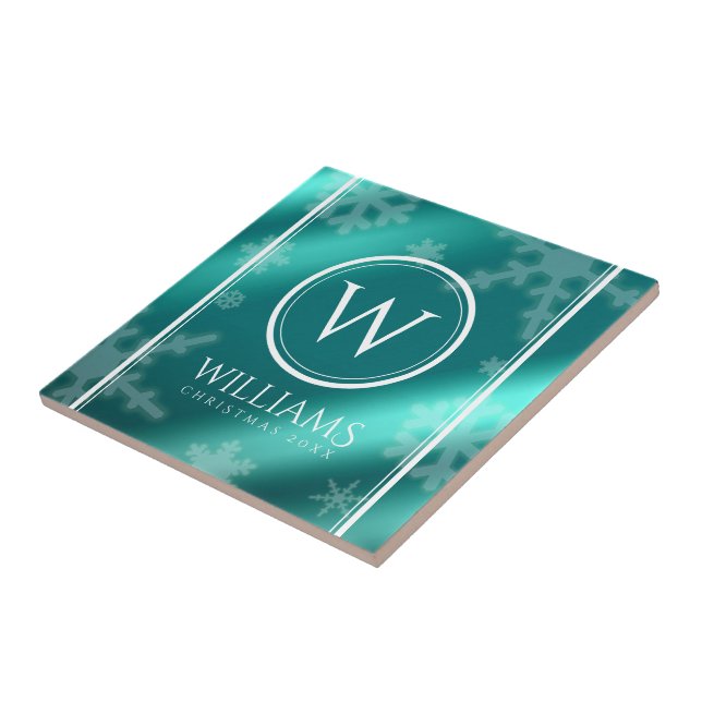 Festive Light Blue Foil Snowflakes Monogram Name Tile (Side)
