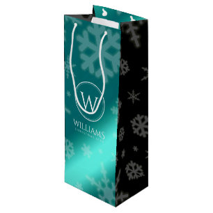 Festive Light Blue Foil Snowflakes Monogram Name Wine Gift Bag
