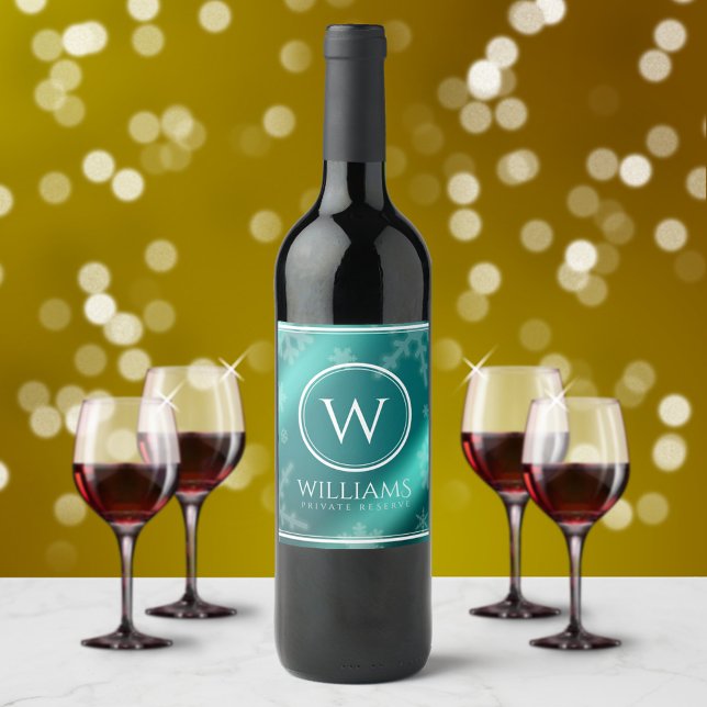 Festive Light Blue Foil Snowflakes Monogram Name Wine Label (Creator Uploaded)