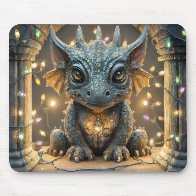 Festive Lights Chibi Gargoyle Dragon Mouse Mat (Front)