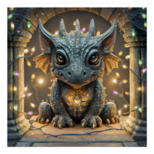 Festive Lights Chibi Gargoyle Dragon Poster