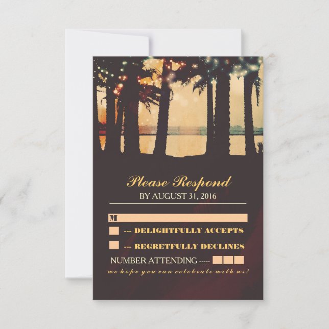 festive lights palms beach wedding RSVP (Front)
