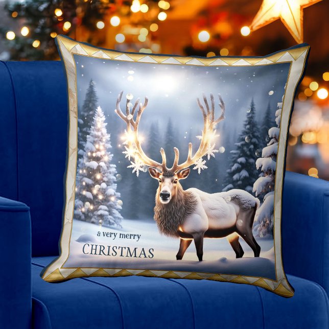 Festive Lights Reindeer Christmas Animal Art Cushion (Christmas pillow featuring a festive reindeer with sparkling lights in a snow covered landscape )