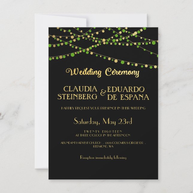 Festive Lights – Spring Green + Gold Invitation (Front)