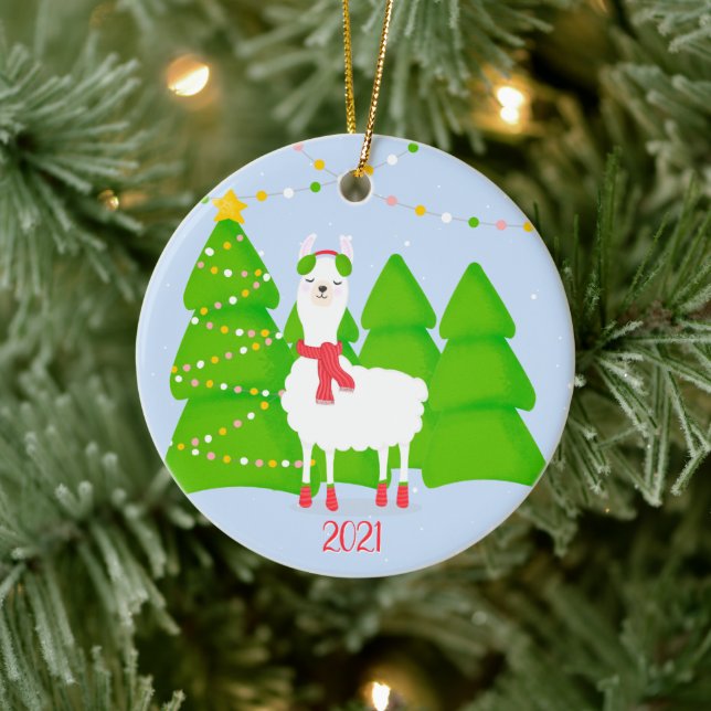 Festive Llama Christmas Ceramic Tree Decoration (Tree)