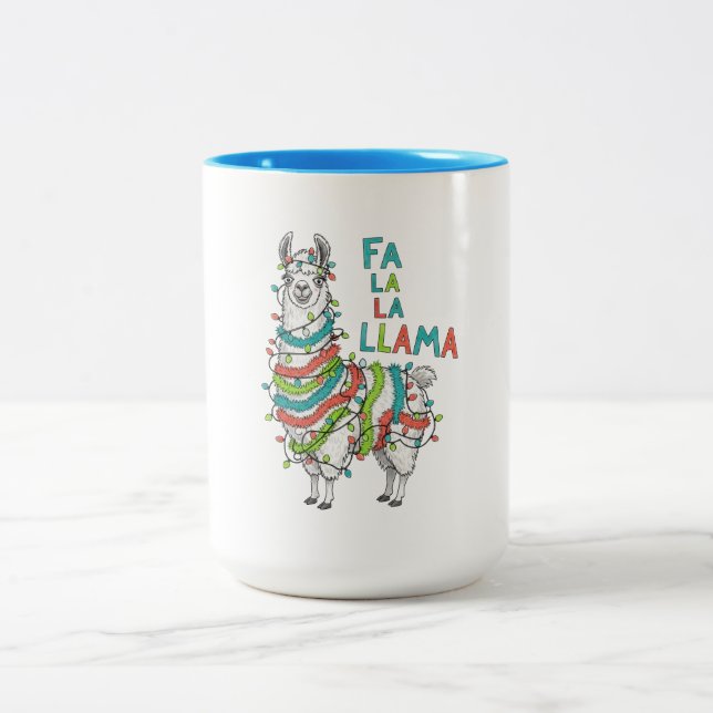 Festive Llama with Christmas Lights Two-Tone Coffee Mug (Center)
