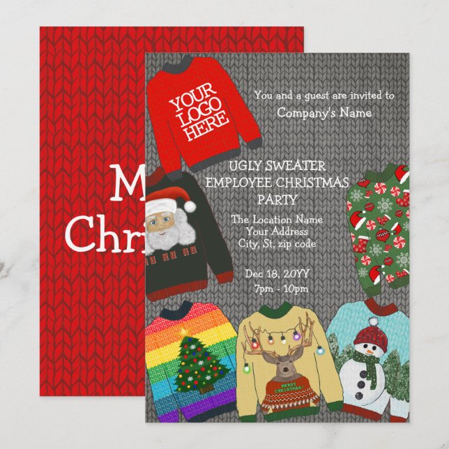 Festive Logo Ugly Sweater Employee Christmas Party Invitation (Front/Back)