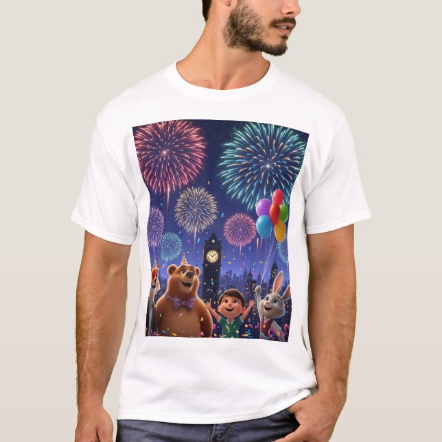 Festive London Fireworks with Cute Animal Friends T-Shirt (Front)