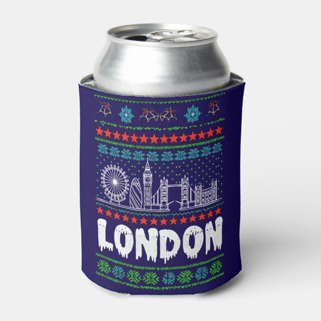 Festive London United Kingdom Ugly Christmas  Can Cooler (Can Front)