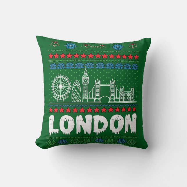 Festive London United Kingdom Ugly Christmas Cushion (Front)