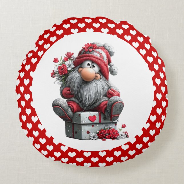 Festive Love Messenger Gnome "Heart and Presents"  Round Cushion (Front)