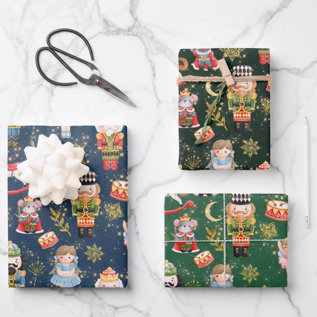 Festive Magical Cute Nutcracker Ballet Characters Wrapping Paper Sheet (Front)