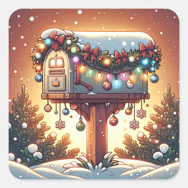 Festive Mailbox with Christmas Lights Holiday Square Sticker (Front)