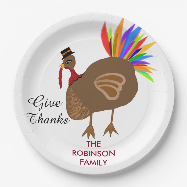 Festive Male Turkey Colourful Feathers Dinner Paper Plate (Front)