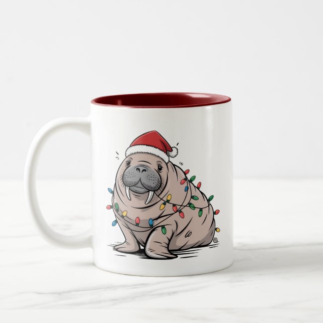 Festive Manatee Christmas Santa Ocean Lover Cosy Two-Tone Coffee Mug (Left)