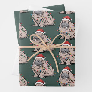 Festive Manatee Christmas Santa Ocean Lover Cosy Wrapping Paper Sheet