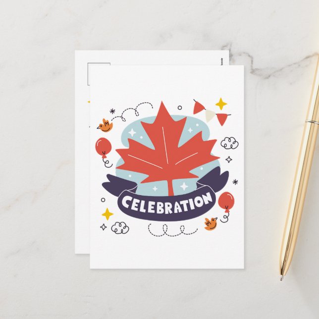 Festive Maple Leaf Celebration Holiday Postcard (Front/Back In Situ)