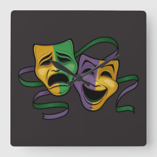 Festive Mardi Gras Happy And Sad Theatre Masks Square Wall Clock