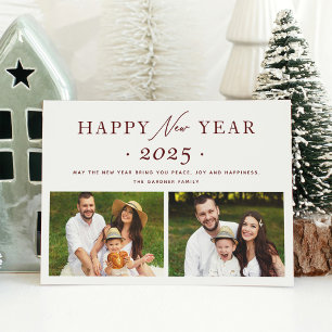 Festive Maroon Red 205 Happy New Year 2 Photo Holiday Card