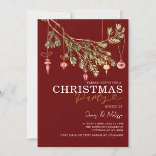 Festive Maroon Red Christmas Tree Ornaments Party Invitation