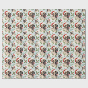 Festive Mastiff Christmas Holly Watercolor Wrap Wrapping Paper