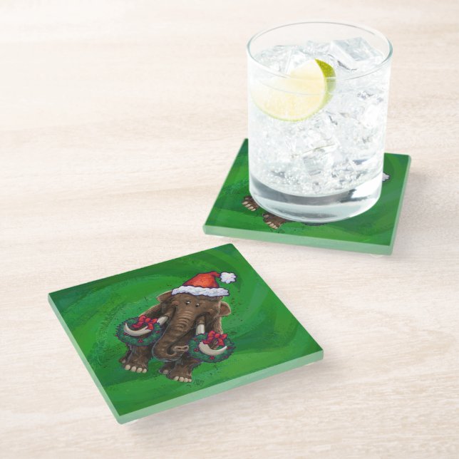 Festive Mastodon on Green Glass Coaster (Angled)