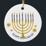 Festive Menorah Candles Happy Hanukkah  Ceramic Tree Decoration<br><div class="desc">Faux gold foil menorah candles for your Hanukkah celebration. Whimsical menorah illustration with white stars covered celestial candles on a faux gold menorah candle stand. Menorah starry Hanukkah illustrated design gifts and paper products.</div>