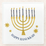 Festive Menorah Candles Happy Hanukkah Glass Coaster<br><div class="desc">Faux gold foil menorah candles for your Hanukkah celebration. Whimsical menorah illustration with white stars covered celestial candles on a faux gold menorah candle stand. Menorah starry Hanukkah illustrated design gifts and paper products.</div>
