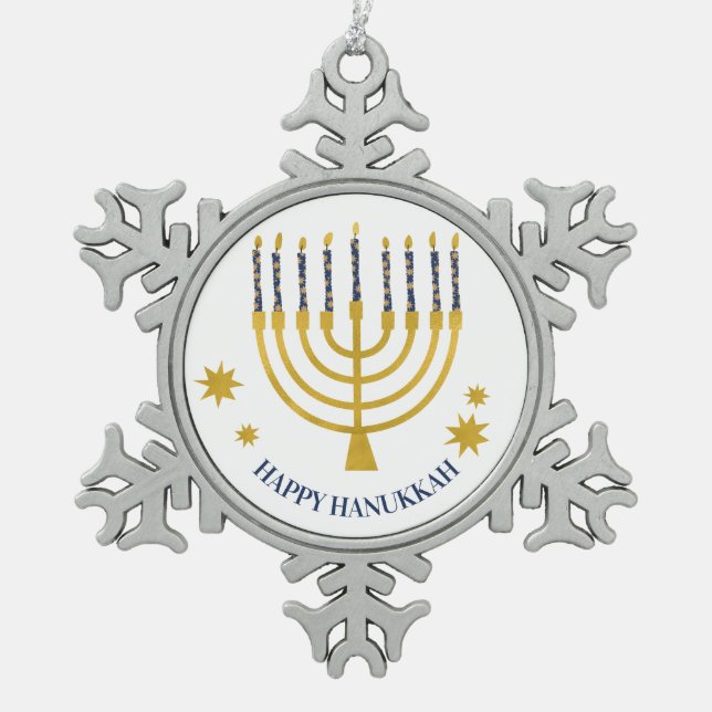 Festive Menorah Candles Happy Hanukkah Snowflake Pewter Christmas Ornament (Front)