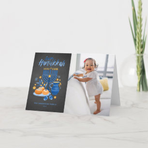 Festive Menorah Chalkboard Photo Happy Hanukkah Holiday Card