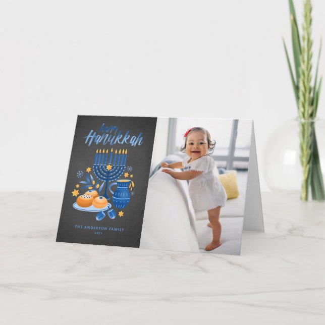 Festive Menorah Chalkboard Photo Happy Hanukkah Holiday Card (Front)